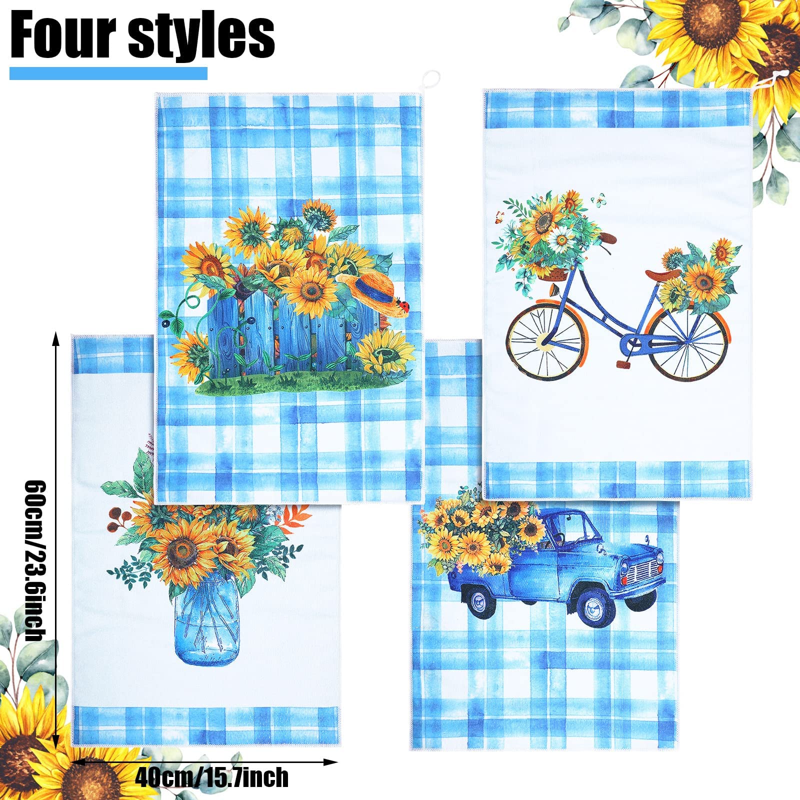 4 Pcs Kitchen Towels Sunflower Bee Dish Towels Decorative Absorbent Hand Polyester Towel with Hanging Loop for Kitchen Dishes Tea Towels for Home Housewarming Gifts Decor  16 x 24'' (Blue  Romantic)